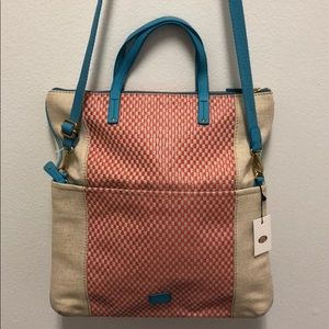 Fun Fossil foldable crossbody bag. Blue and coral.